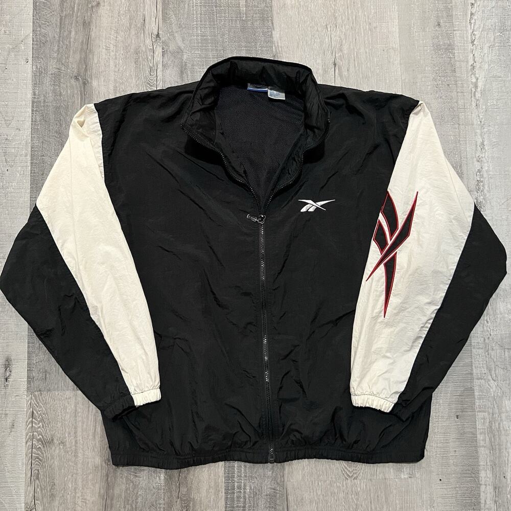 VTG Reebok Windbreaker Full Zip Black/White Nylon Athletic Jacket Running Gym L